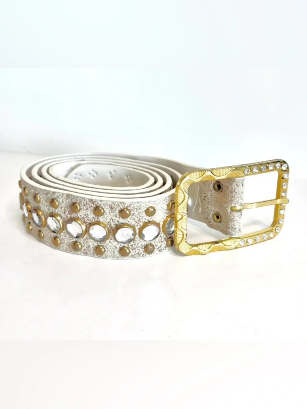 Vintage White and Gold Belt Studded and Crystals with Gold Buckle